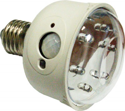 Светодиодная лампа GTS-900-57 Лампа вкручивается в патрон-держатель вместо обычной лампы накаливания и включается при обнаружении движения, экономя электроэнергию двумя методами: включаясь на определенное время и использованием в качестве источников света 6-ти ярких, но экономичных светодиода.
