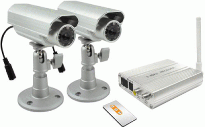 Комплект для видеонаблюдения CCD-325LD 2 беспроводные всепогодные цветные камеры с кожухами + приемник + пульт ДУ. Частота 2,4 ГГц, дальность до 100 м на открытом пространстве. 